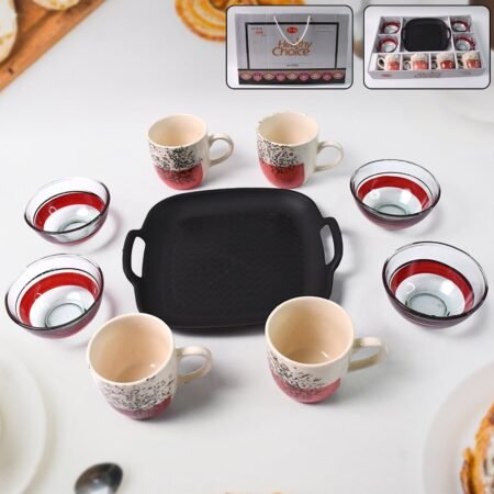 Healthy Choice Set Of 4pc Ceramic Cup And 4pc Glass Bowl With Plastic Plate (9 Pcs Set)