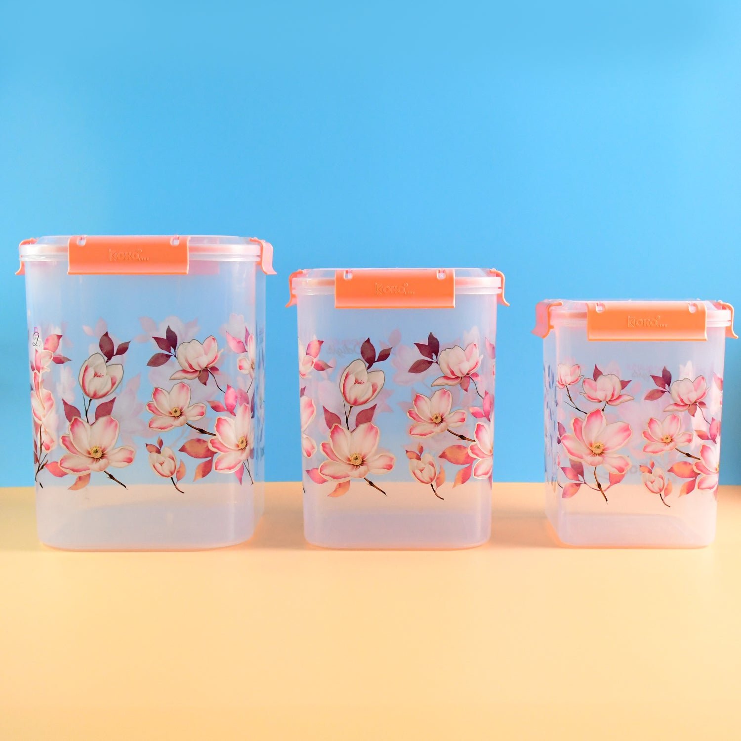 Square 3 Pcs Floral Printed Airtight Storage Container Set – Approx 2.8 Ltr, 4.5 Ltr, 6.9 Ltr (3 Pcs Set)