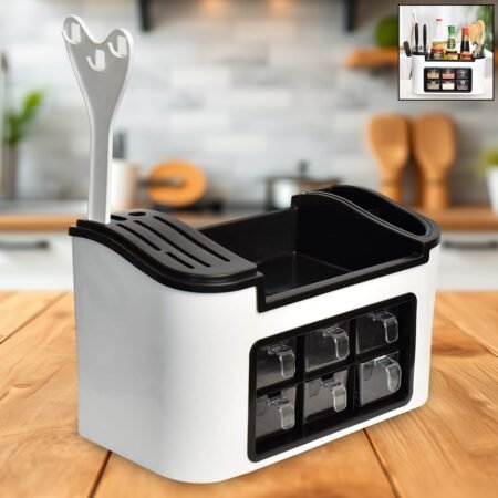 Multifunctional Kitchen Storage Organizer Rack with 6 Spice Containers, Knife & Spoon Holder, and Top Shelf
