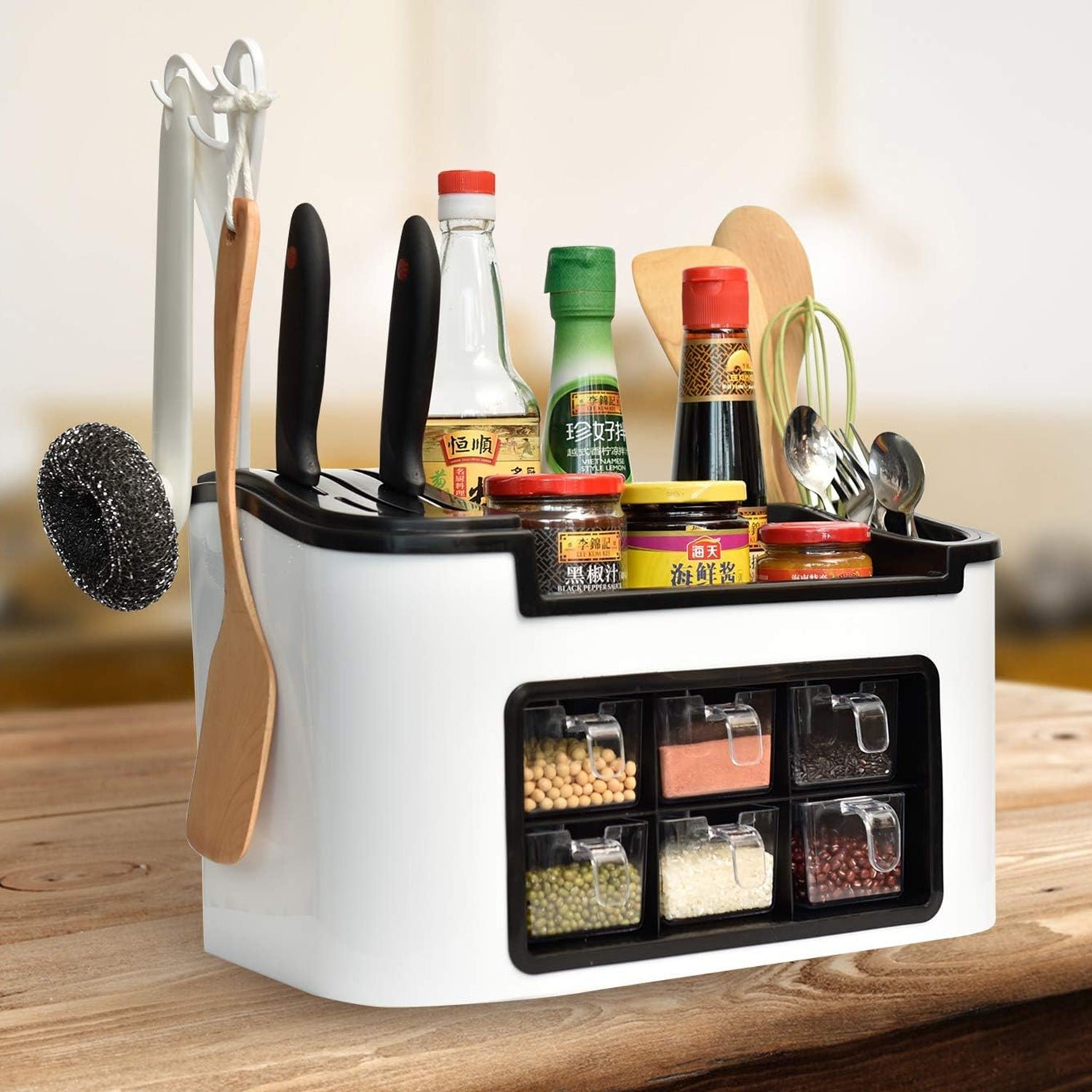 Multifunctional Kitchen Storage Organizer Rack with 6 Spice Containers, Knife & Spoon Holder, and Top Shelf