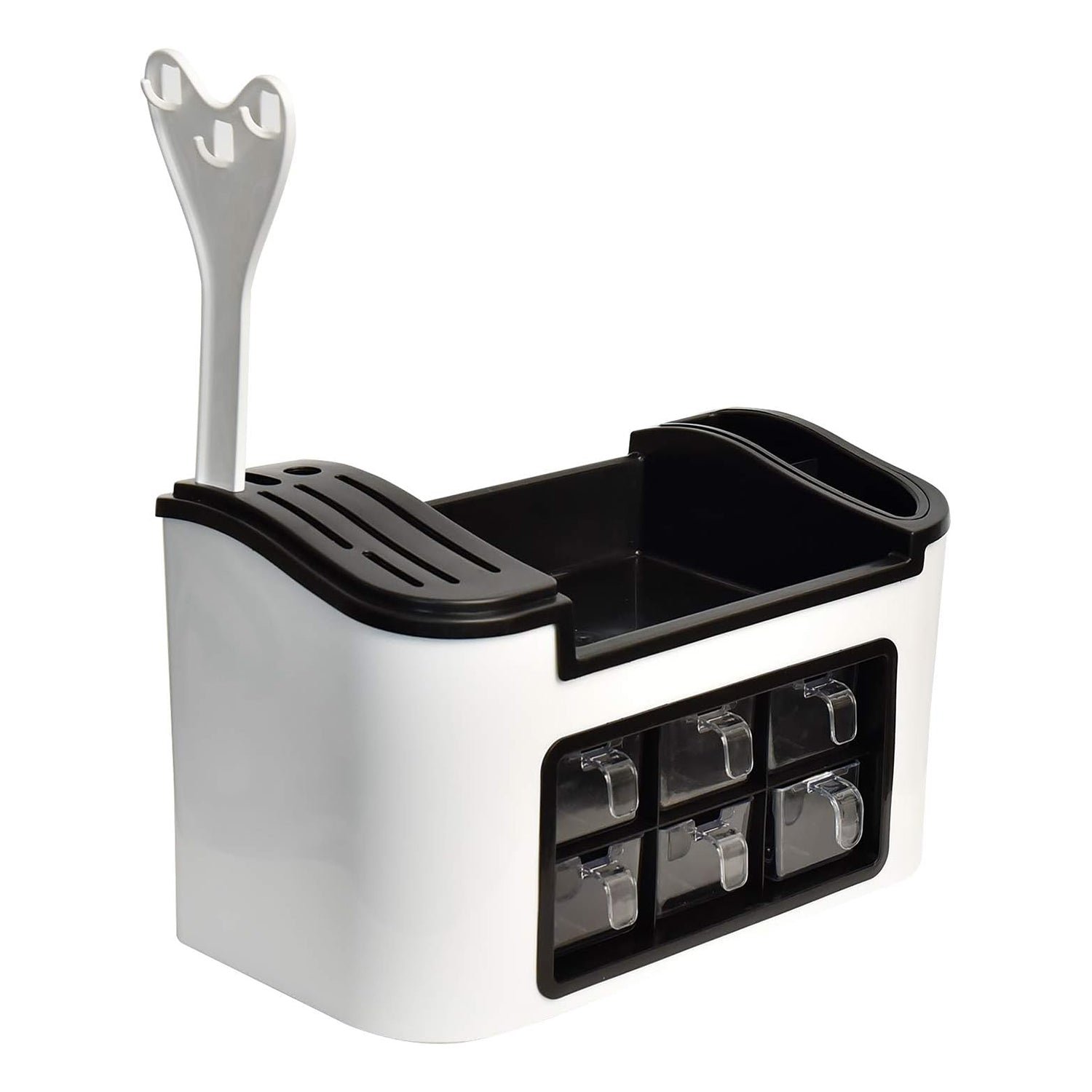 Multifunctional Kitchen Storage Organizer Rack with 6 Spice Containers, Knife & Spoon Holder, and Top Shelf