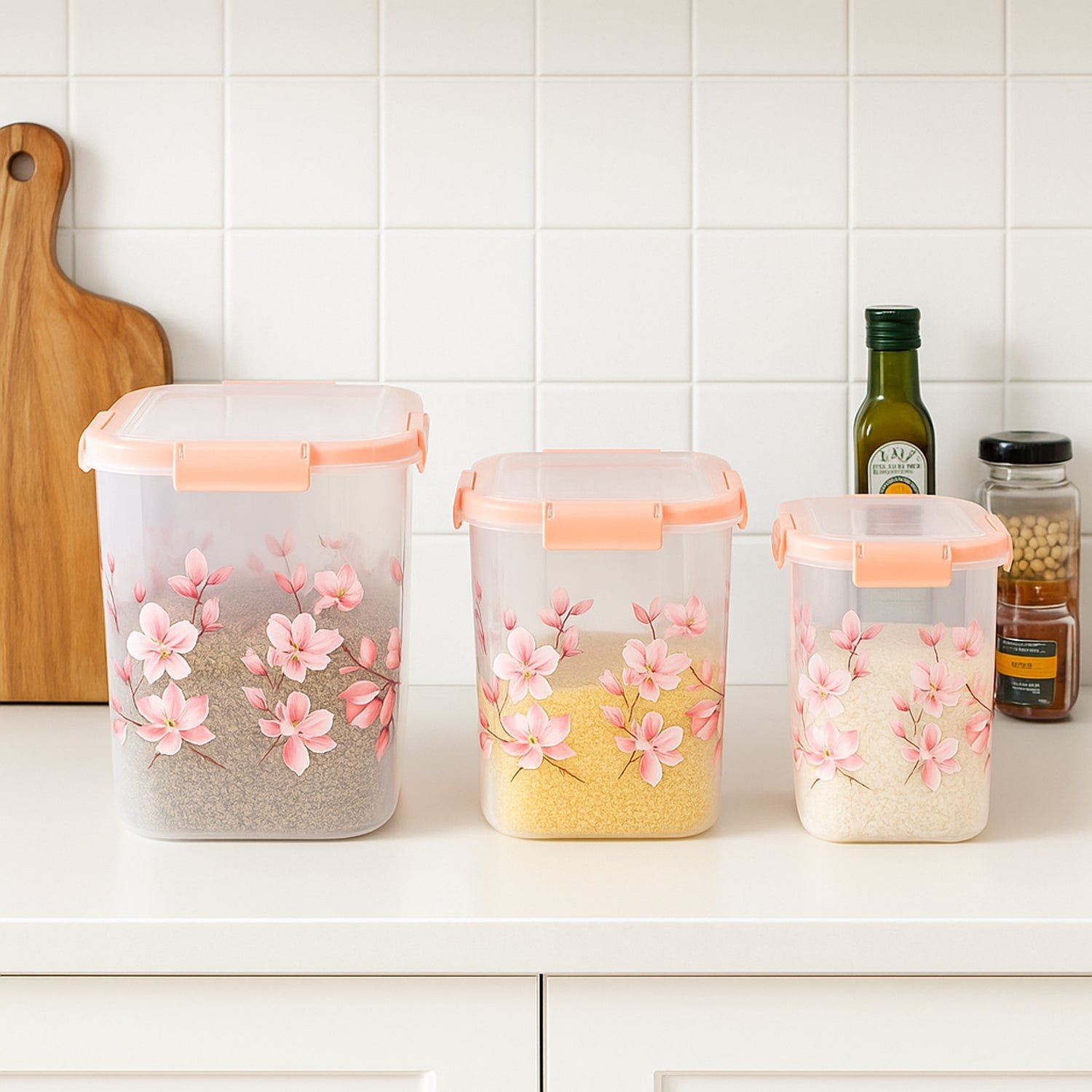 Square 3 Pcs Floral Printed Airtight Storage Container Set – Approx 2.8 Ltr, 4.5 Ltr, 6.9 Ltr (3 Pcs Set)