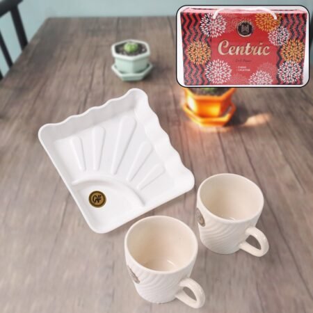 Cerntric Ceramic Tea Cup With Plastic Square Shape Serving Platter Milk Cup 3pc Set