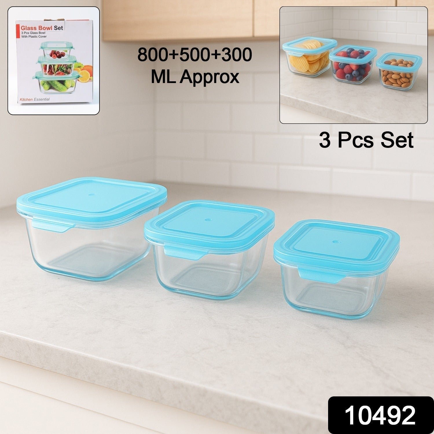 Premium Quality 3-Piece Square Glass Food Storage Container / Bowl Set