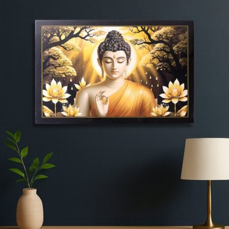 Decorative Lord Buddha Wall Painting with Wooden Frame Mix Design, 45x30 Cm Approx (1 Pc)