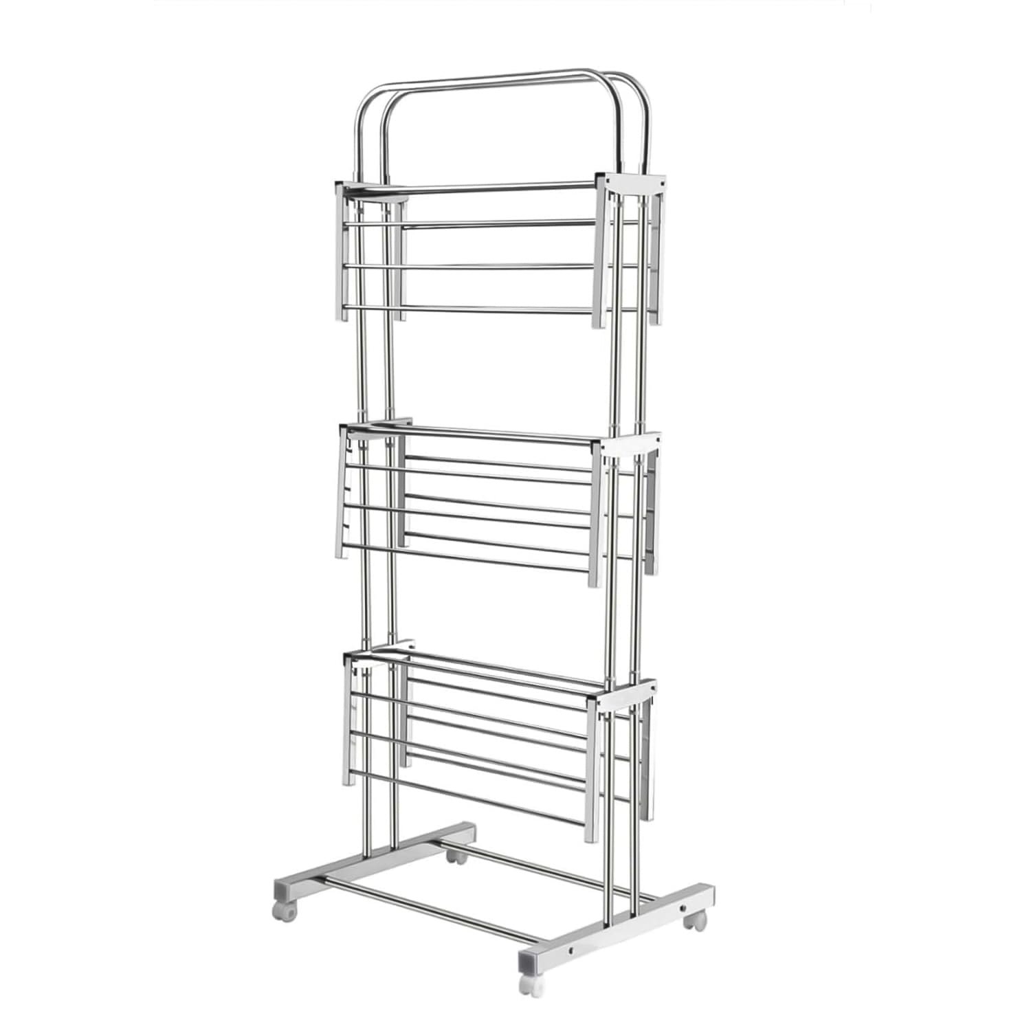3 Layer Foldable Stainless Steel Cloth Drying Stand with Wheels