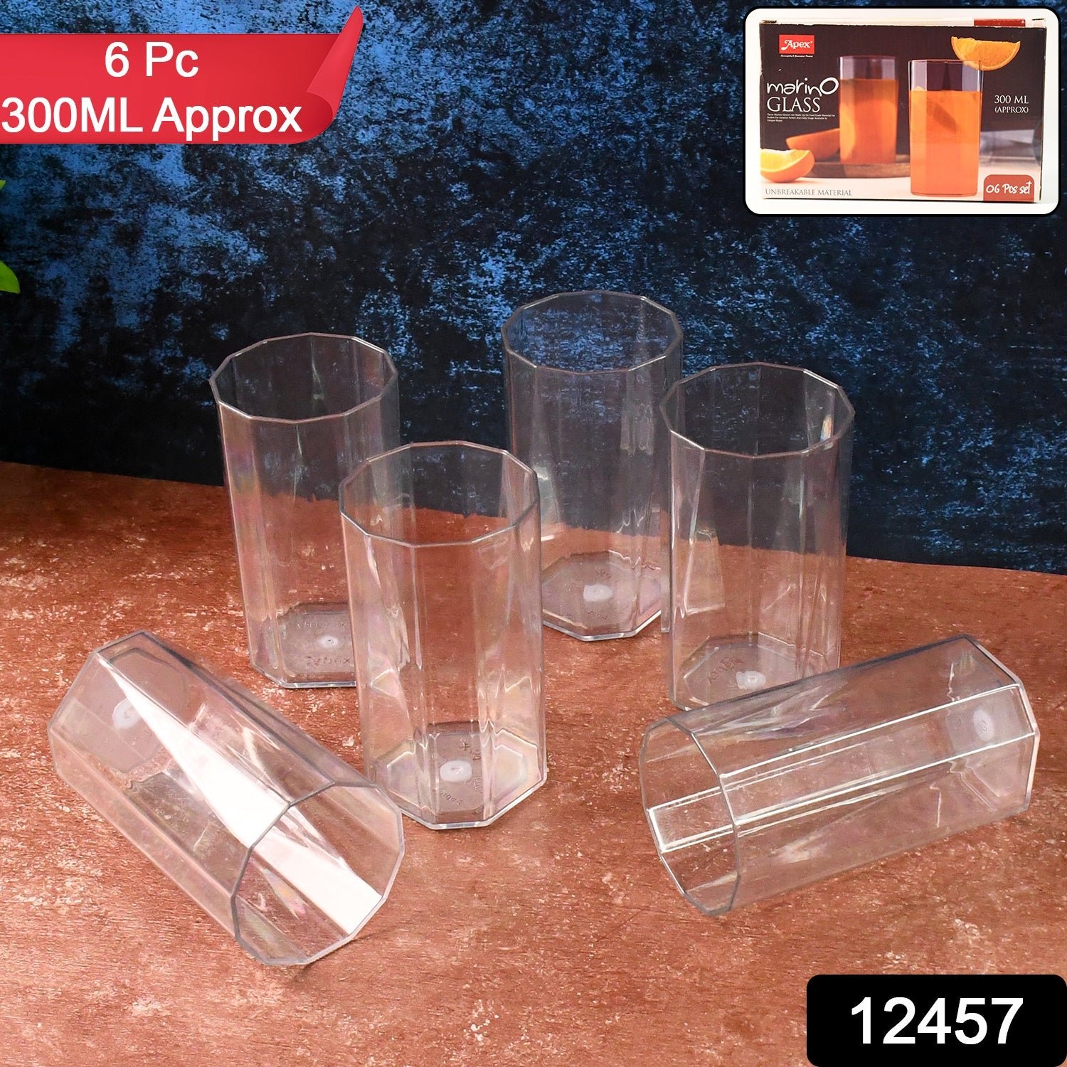 Apex Merino N’ Glass Unbreakable Plastic Drinking Glass Set (6Pc/300ml) Approx